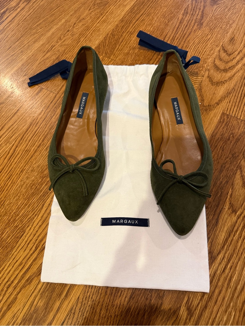 Margaux Olive Green Suede Pointed-Toe Ballet Flats with Bow - NARROW Size